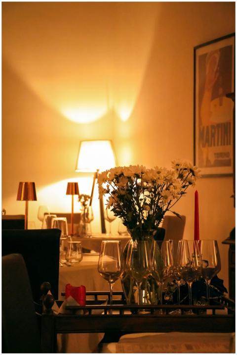 Cozy dining room with ambient lighting, decorated