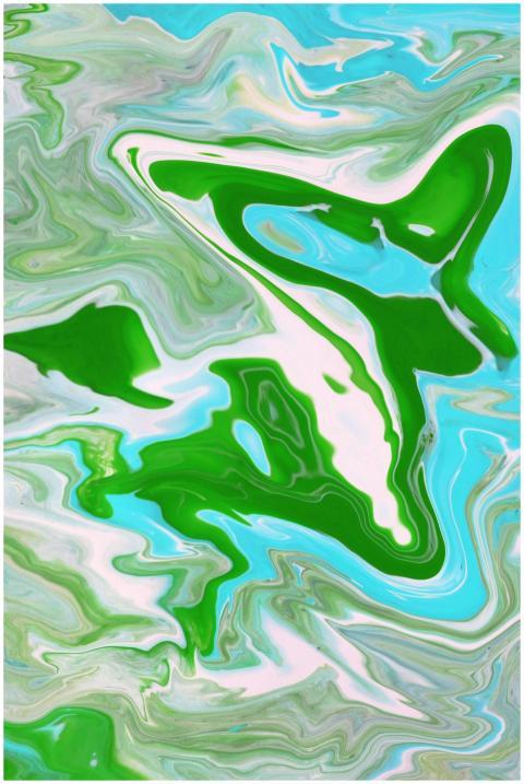 Vibrant abstract painting featuring fluid green an