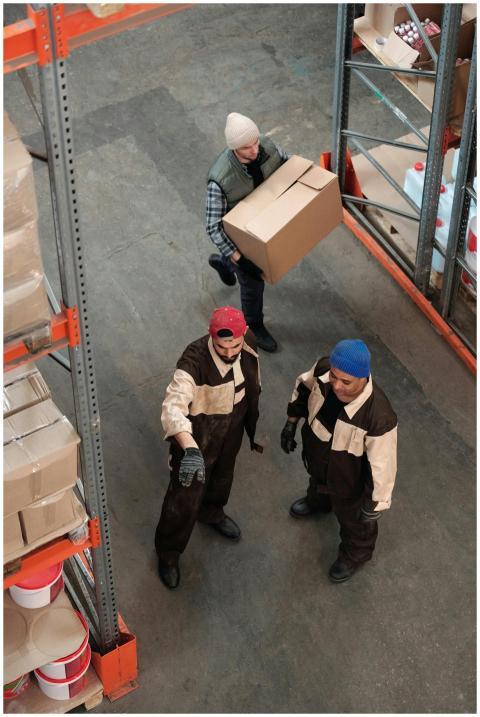 Team of workers managing inventory in a warehouse,