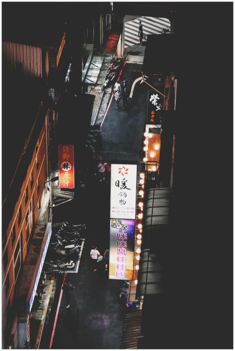 Aerial view of a lively Asian alleyway with illumi