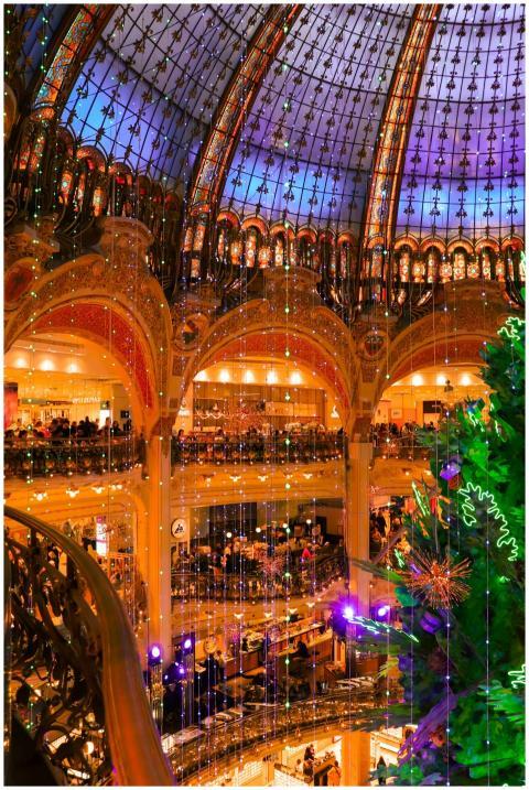 Illuminated view of a decorated Paris shopping mal