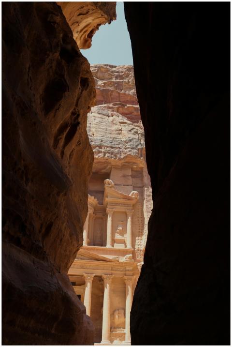 View of the ancient Treasury in Petra, Jordan thro