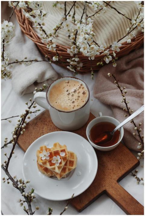 A warm and inviting breakfast featuring a heart-sh