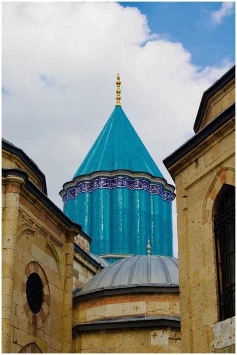 Striking blue-green dome of the Mevlana Museum in