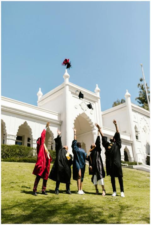 Group of graduates celebrating by tossing their ca