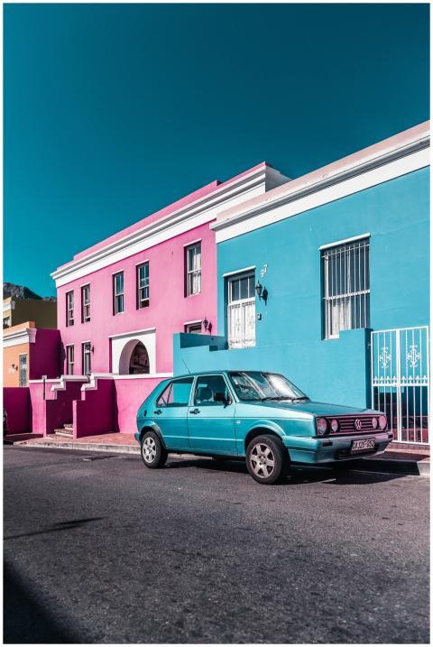 Classic car parked in Bo-Kaap, Cape Town, showcasi