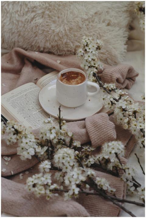 Cup of coffee on plate with open book and cherry b