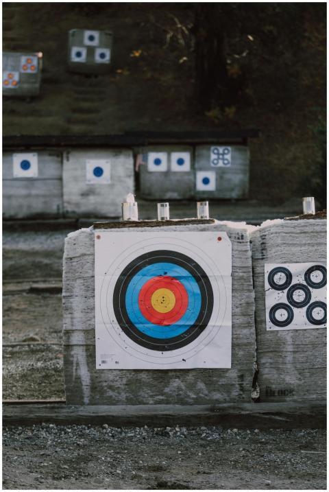 Close-up of archery targets with colorful bullseye