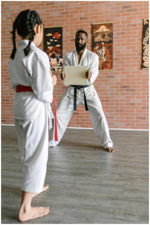 A martial arts practice session with a young stude