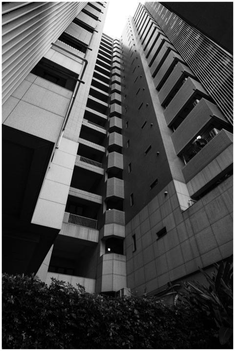 Black and white view of a high-rise building in Ta