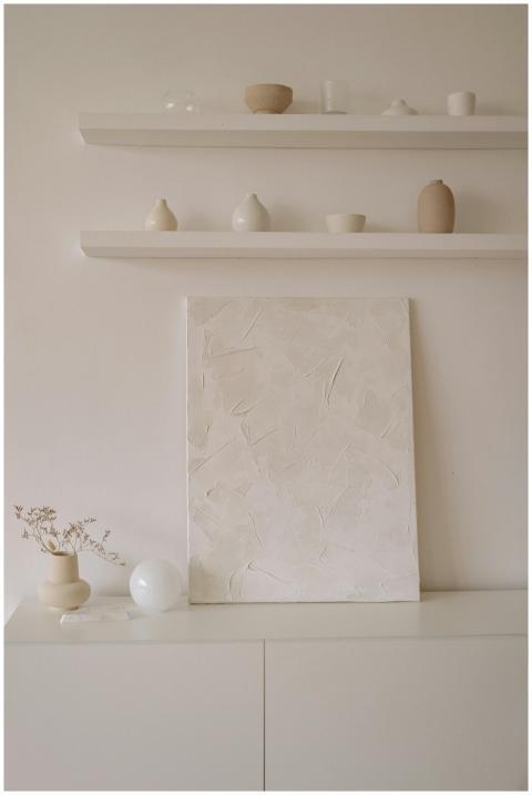 A minimalist indoor setup featuring white shelves,