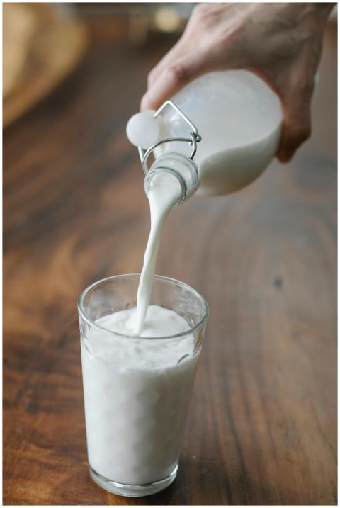 Crop anonymous person with bottle pouring milk int