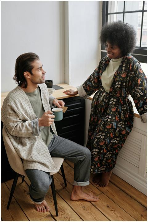 Couple enjoying morning coffee and casual conversa