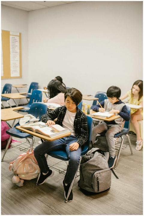 Group of students studying indoors in a classroom,