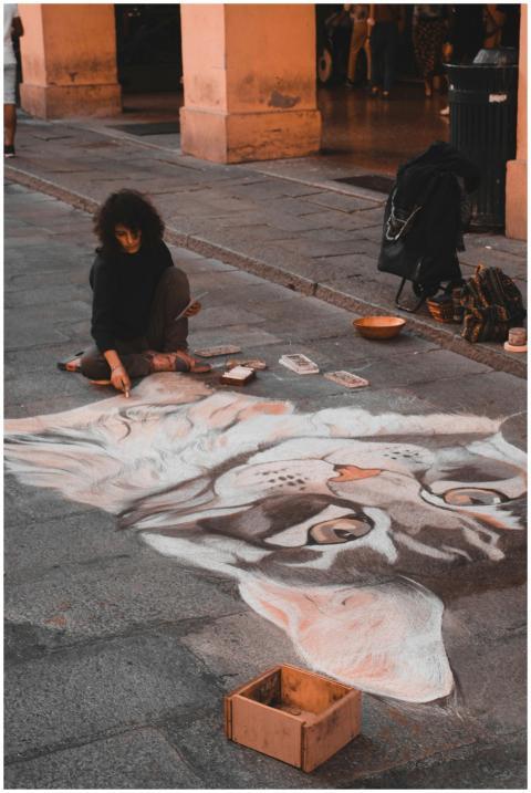 Artist drawing tiger chalk art on street pavement,