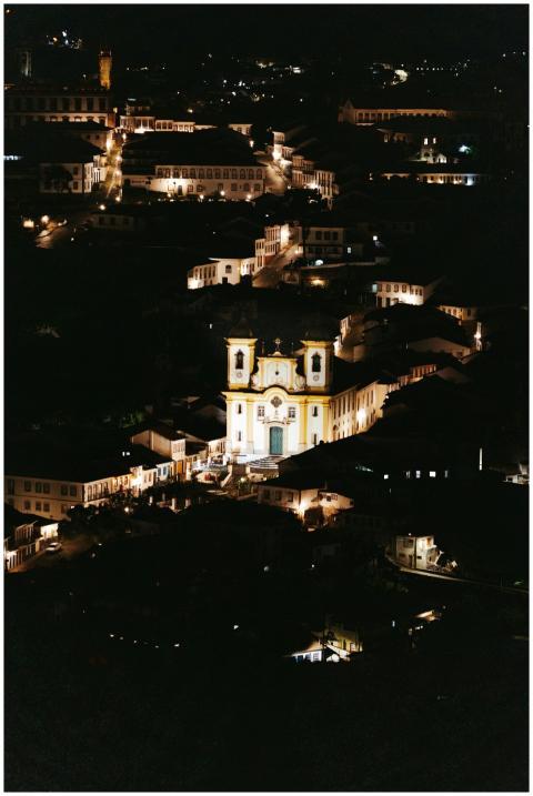 Stunning aerial night shot of Ouro Preto, Brazil,