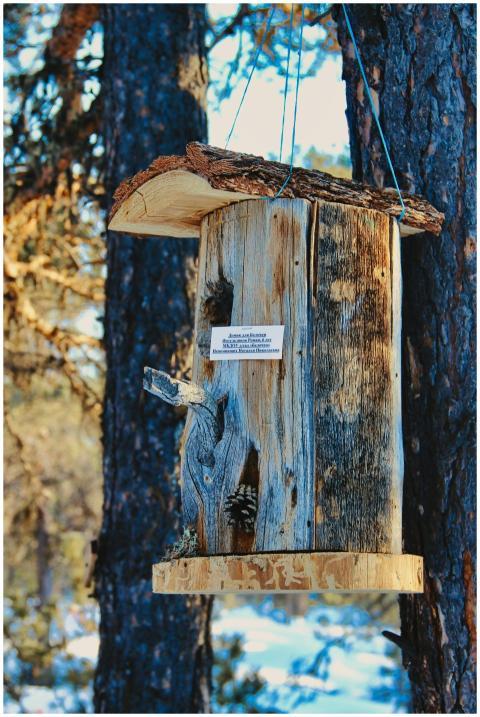 A rustic, handcrafted birdhouse dangling from a tr