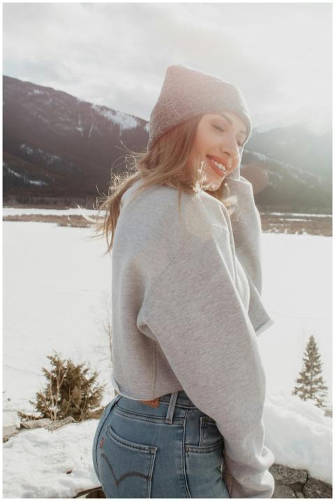 Smiling woman in a winter landscape in Cody, Wyomi