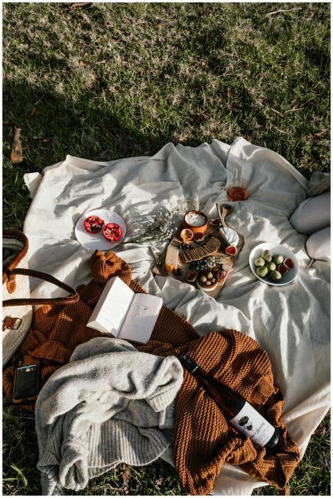 A beautiful picnic setup with fruits, books, and b