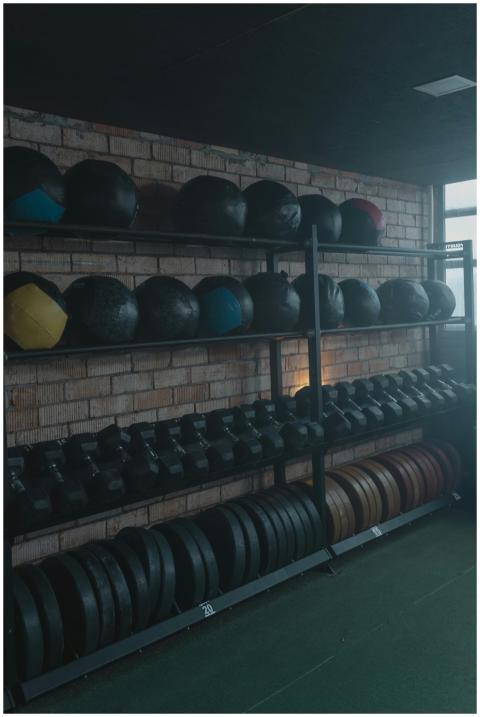 Neatly arranged gym equipment including dumbbells