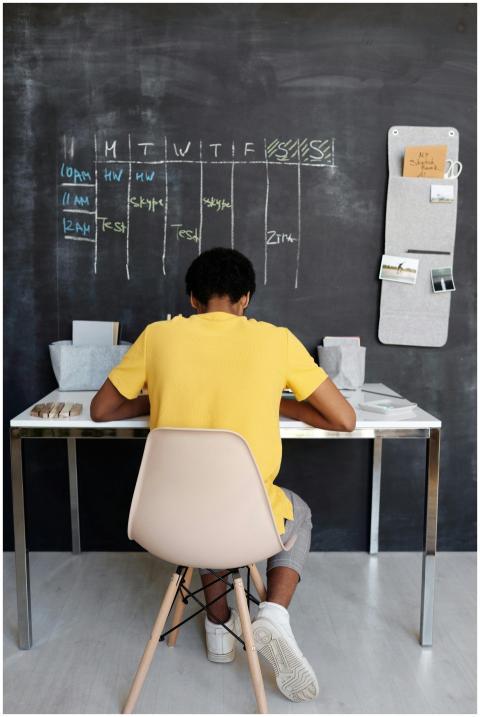 A teenager focuses on studying at a desk, with a b