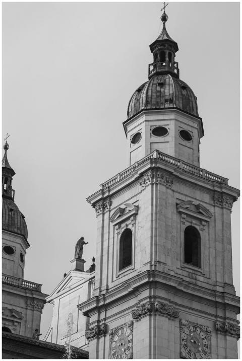 Black and white image of Salzburg Cathedral towers