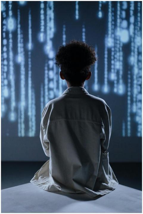 Back view of a child sitting and facing a digital