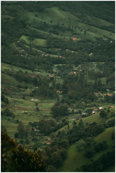 Aerial view of a picturesque valley with lush gree