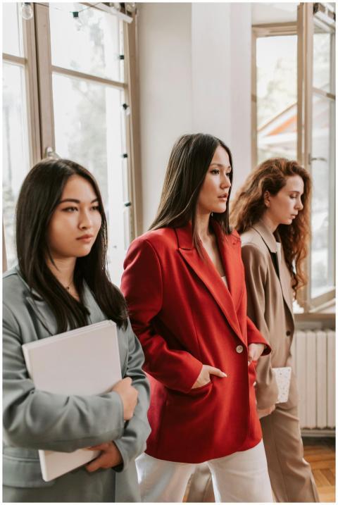 Three professional women in stylish suits walking