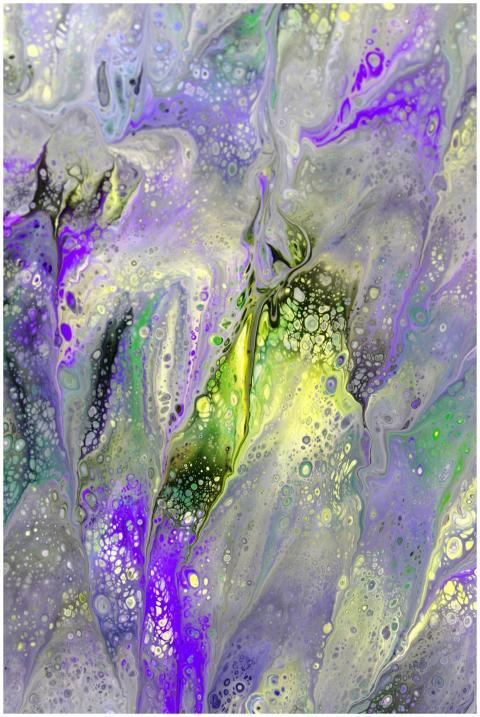 Dynamic fluid art with purple and green swirls cre