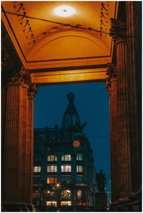 Majestic columns framing a view of St. Petersburg'