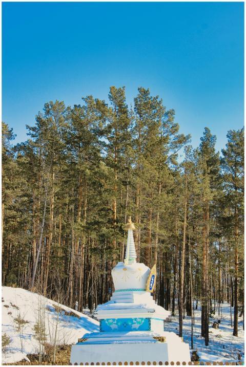 A white stupa stands amidst tall trees and snow un
