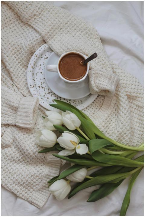 A cup of coffee, white tulips, and a knit sweater