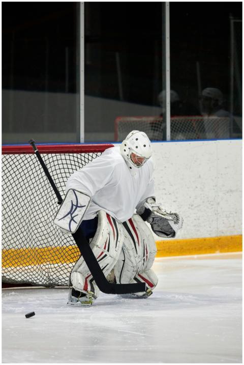 Professional hockey goalie in action, guarding the