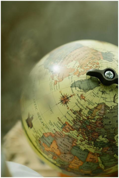 A vintage globe displaying Europe and Africa, capt