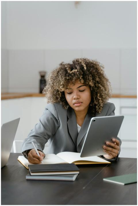 African American woman multitasking with tablet an