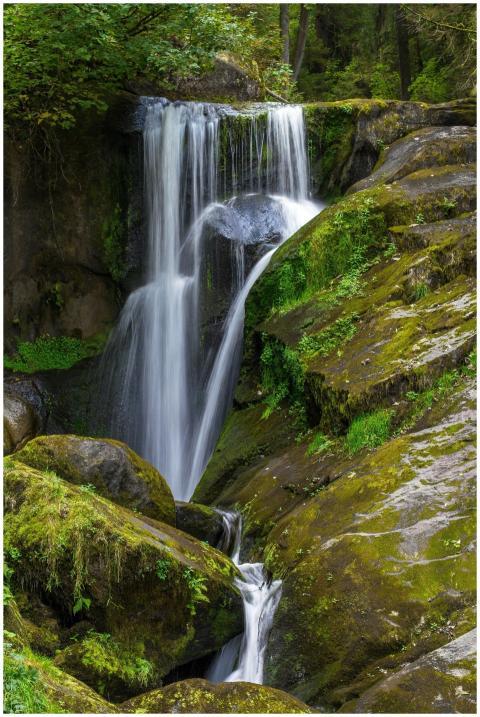A tranquil waterfall cascading over moss-covered r
