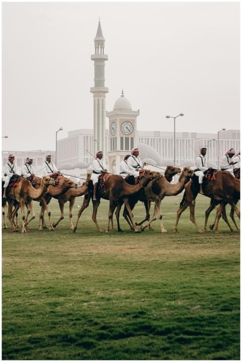 Group of riders on camels parading in front of a m