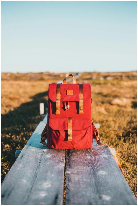 A vibrant red backpack on a wooden bench in a sunn
