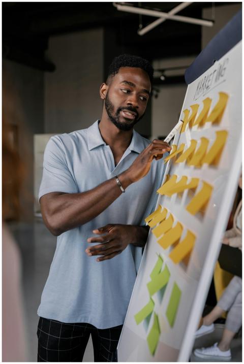 Confident African American man presenting business