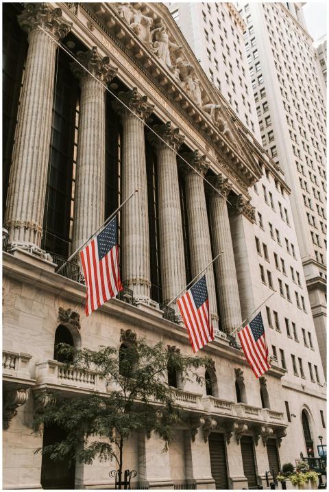 Iconic New York Stock Exchange with American flags