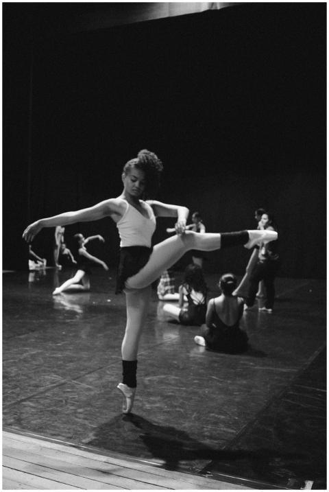 Black and white image of diverse ballet dancers pr