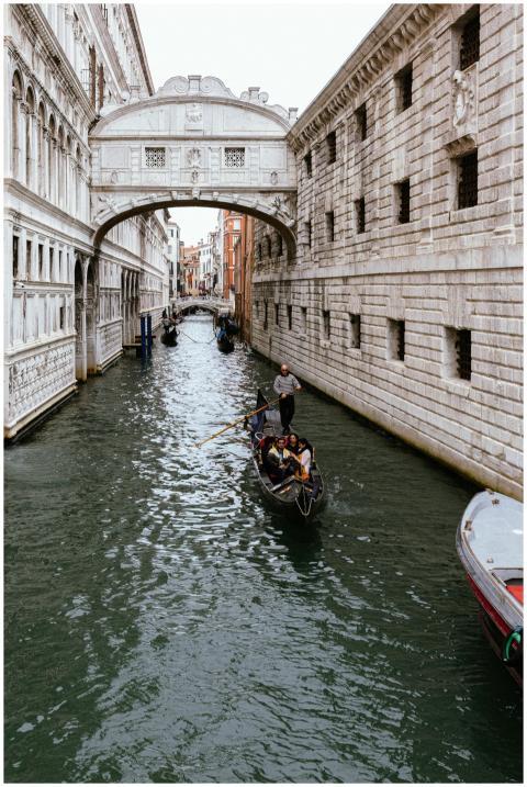 Gondolas glide under the iconic Bridge of Sighs in