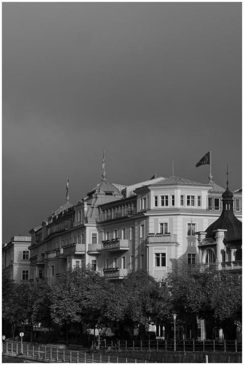 Black and white photo of classic European building