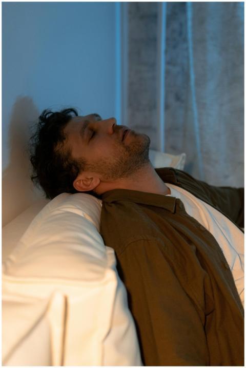 A man with facial hair relaxing on a sofa indoors,