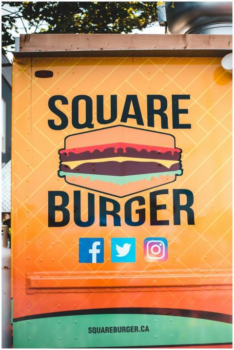 Vibrant Square Burger food truck sign with social