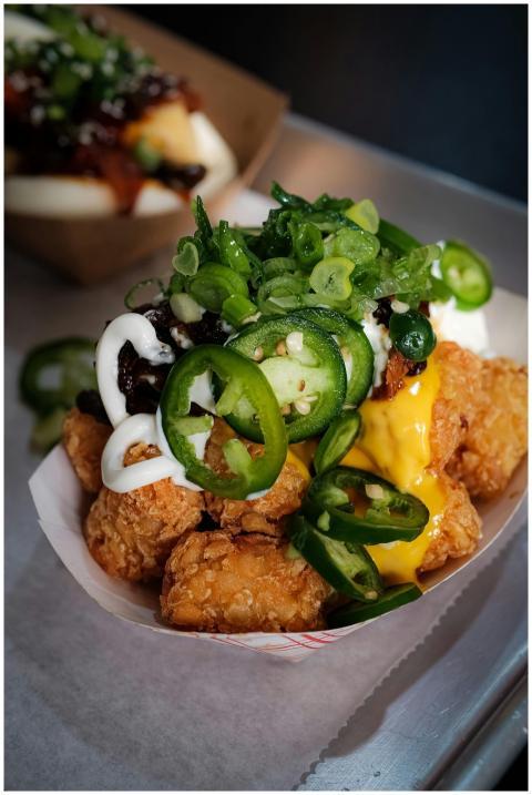 Close-up image of loaded tater tots with toppings