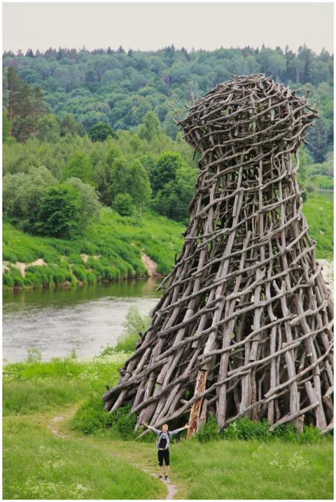 Intricate wooden tower with surrounding greenery a