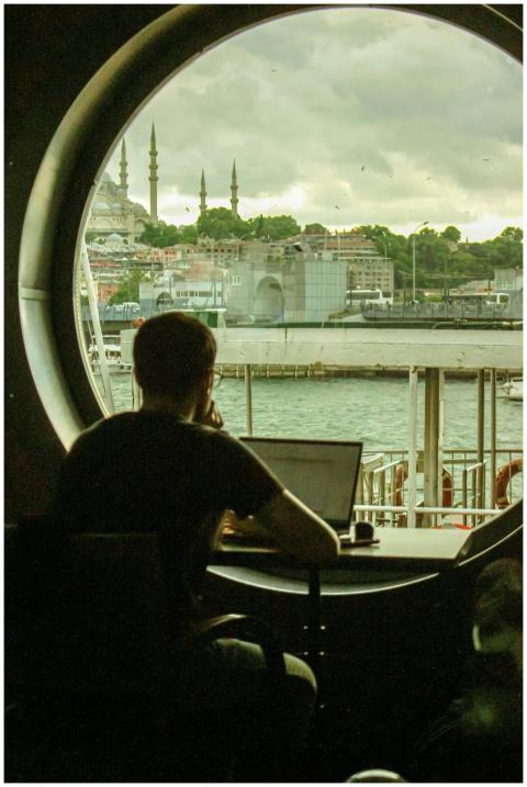 Silhouette of a man working on a laptop with a vie