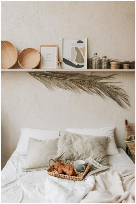 Elegant bedroom decor with cozy breakfast setup on